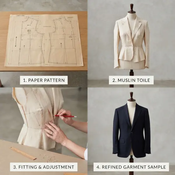 Proses pengembangan produk fashion menggunakan toile kain muslin sebelum produksi