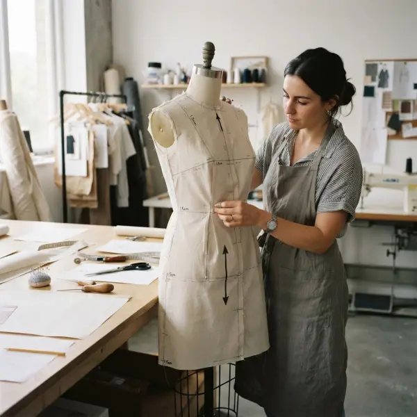 Pattern maker menggunakan kain muslin untuk menguji pola pakaian pada dress form