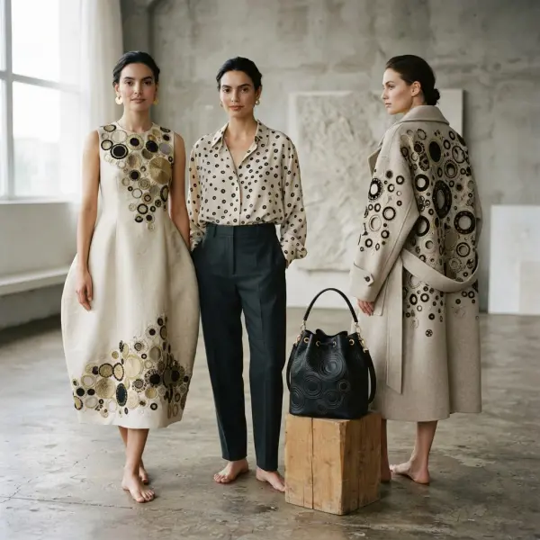 Koleksi fashion dengan variasi ukuran dan penempatan motif polkadot dalam satu keluarga desain