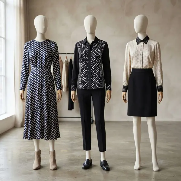 Variasi penempatan motif polkadot pada busana fashion dari all-over hingga detail terkontrol