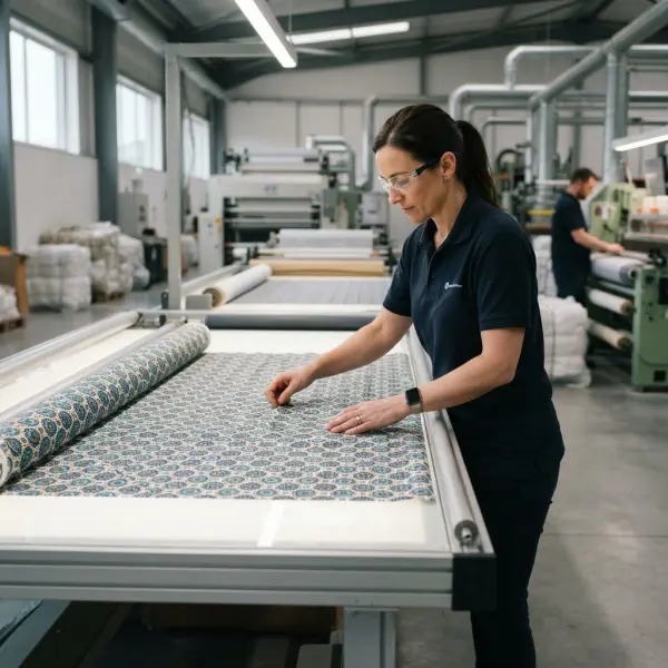 Pemeriksaan kualitas kain bermotif polkadot setelah proses printing di lingkungan produksi tekstil