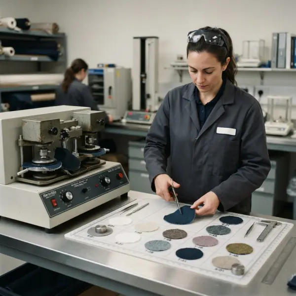 Textile laboratory evaluating abrasion and strength performance of apparel fabrics