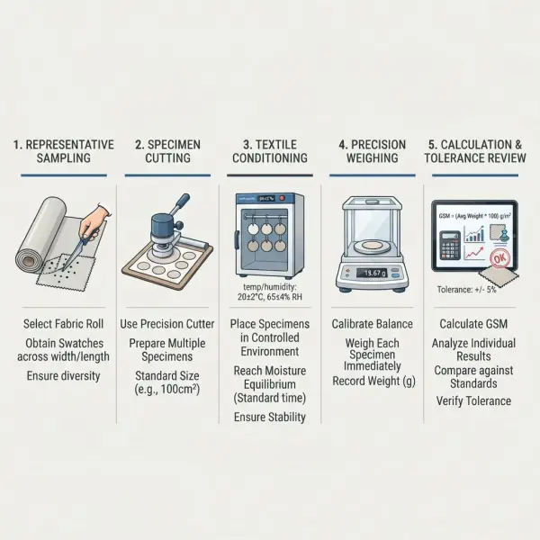 Workflow for sampling, conditioning, weighing, and reporting fabric GSM Workflow for sampling, conditioning, weighing, and reporting fabric GSM