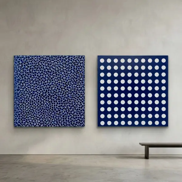 Perbandingan visual Infinity Nets dan polkadot Yayoi Kusama sebagai bahasa repetisi