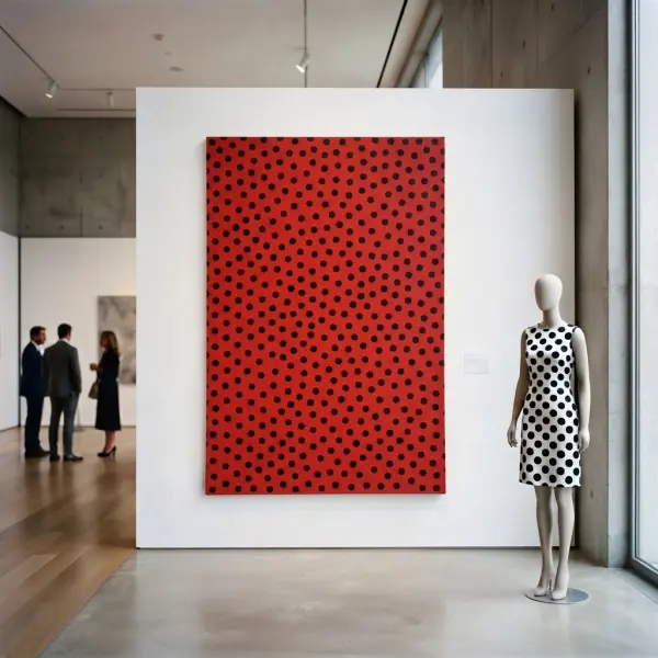 Yayoi Kusama dengan karya polkadot yang menunjukkan evolusi motif titik menjadi identitas visual ikonik