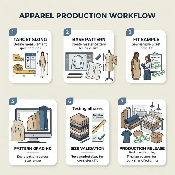 Workflow from target sizing and base pattern approval to graded pattern production release