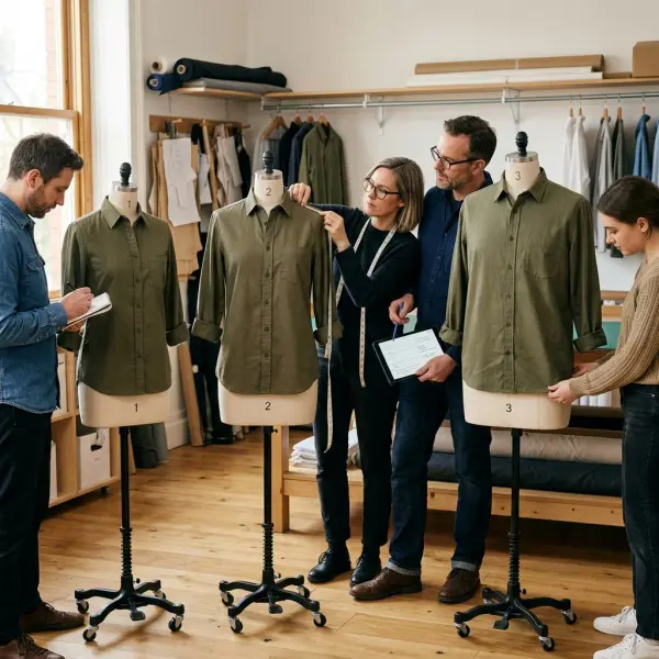 Technical fit team comparing representative garment sizes during size-set validation