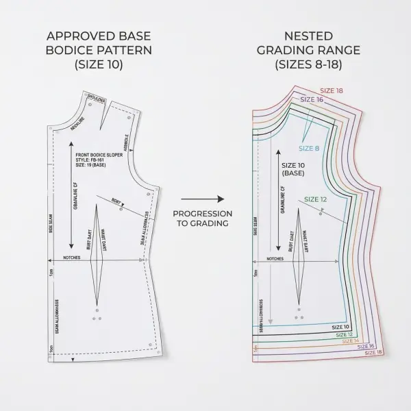 Approved base bodice pattern expanding into a complete nested size range