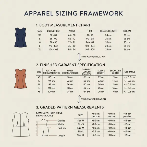 Framework connecting body measurements, finished garment specifications, and graded patterns