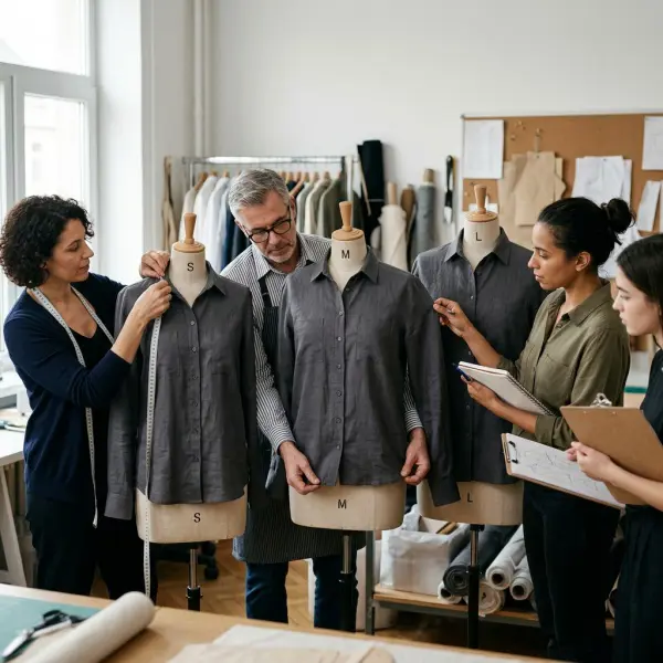 Technical team comparing garments with grading-related fit problems across sizes