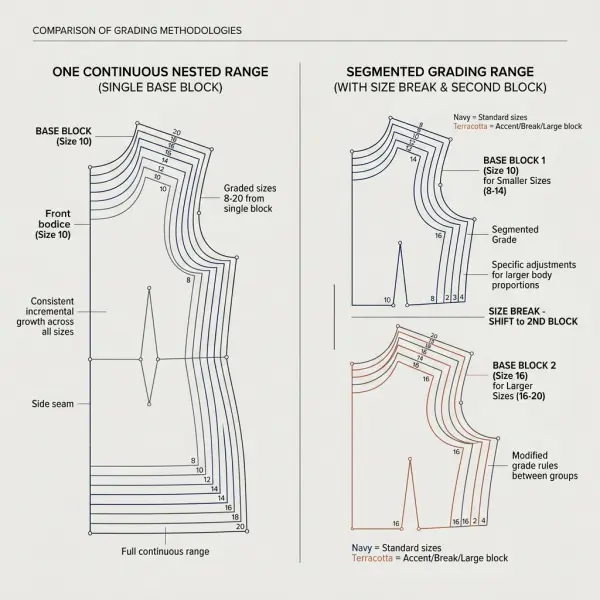 Diagram comparing continuous pattern grading with a controlled size break