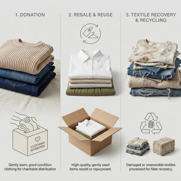 Perbandingan jalur pakaian layak pakai untuk donasi reuse dan recycling