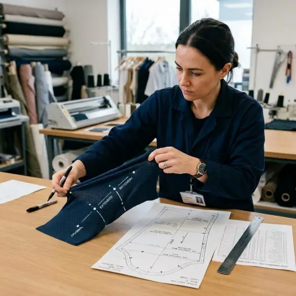 Technician checking stretch recovery and garment measurements before grading approval