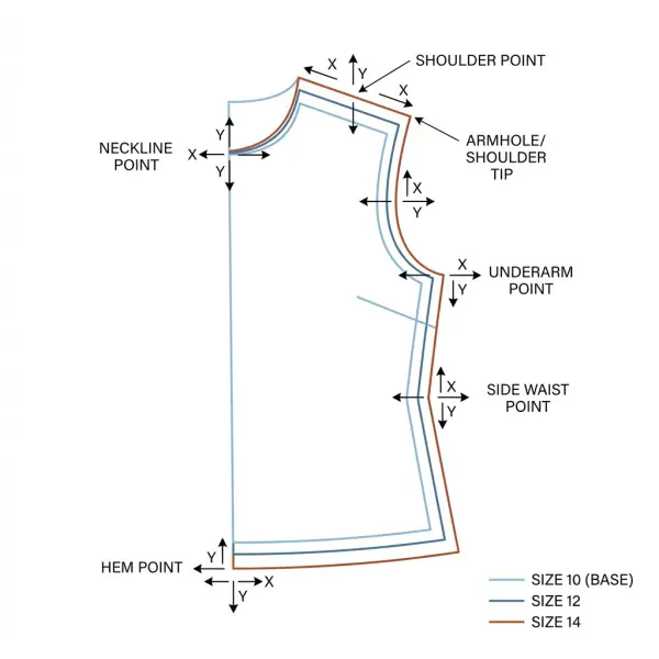 Pattern grading diagram showing horizontal and vertical movements at cardinal points