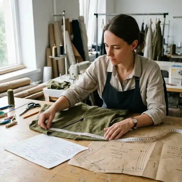 Apparel technician checking graded pattern seams and measurement specifications