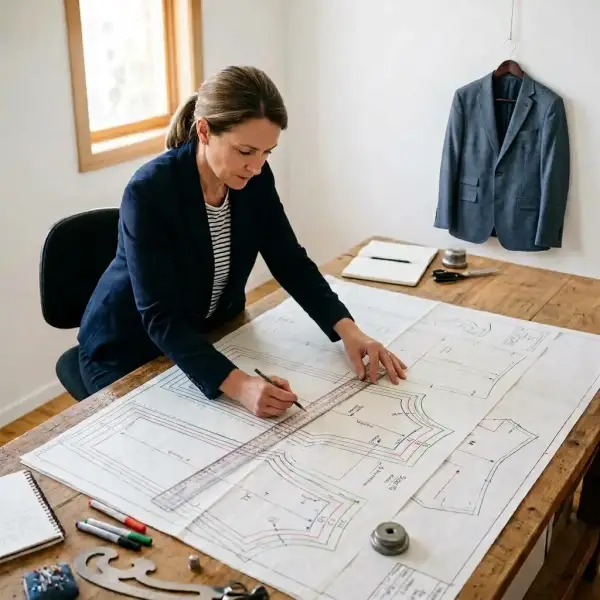 Pattern technician reviewing nested garment sizes on a large worktable