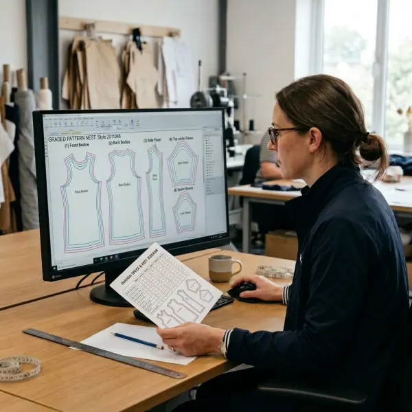 Apparel technician inspecting a digital graded pattern nest and measurement table