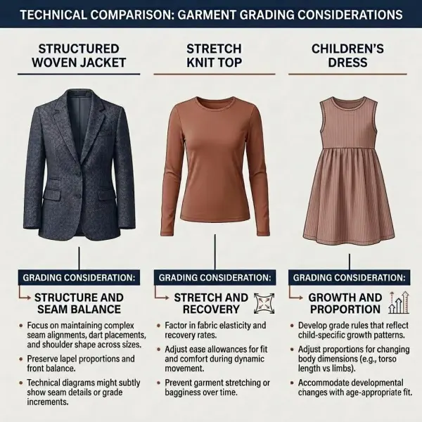 Technical comparison of grading considerations for woven jackets, knit tops, and childrenswear
