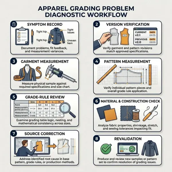 Workflow for diagnosing fit problems across a graded garment size range