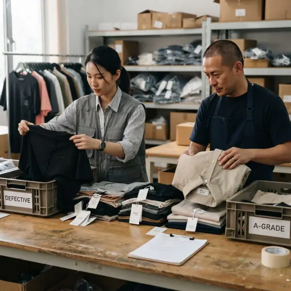 Tim fashion memilah stok pakaian berdasarkan kelayakan donasi dan kondisi produk