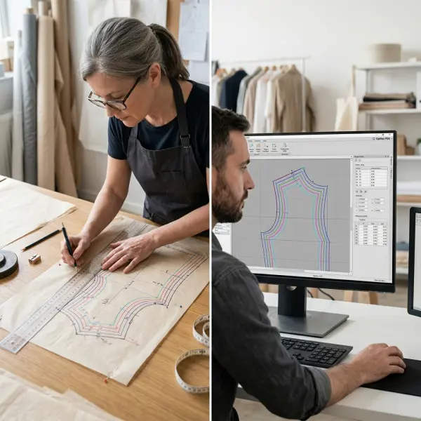 Manual paper pattern grading beside digital CAD pattern grading
