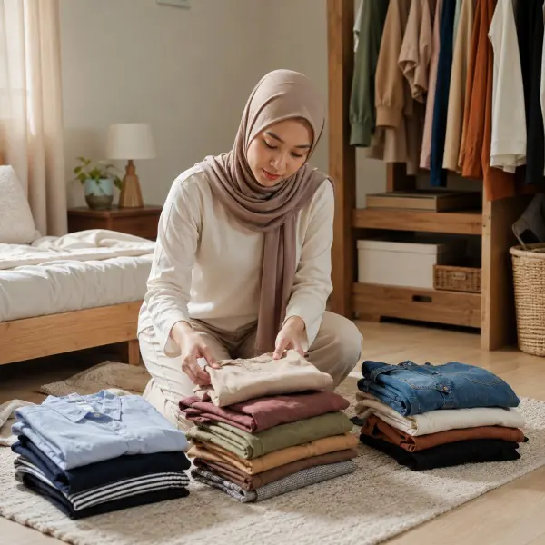Proses memilih pakaian dari isi lemari untuk dipilah menjadi donasi Proses memilih pakaian dari isi lemari untuk dipilah menjadi donasi