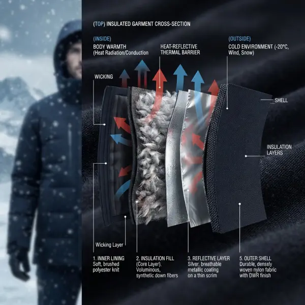 Struktur garment thermal insulation dengan lapisan kain dan ruang udara