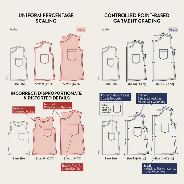 Comparison between uniform pattern scaling and controlled garment grade rules