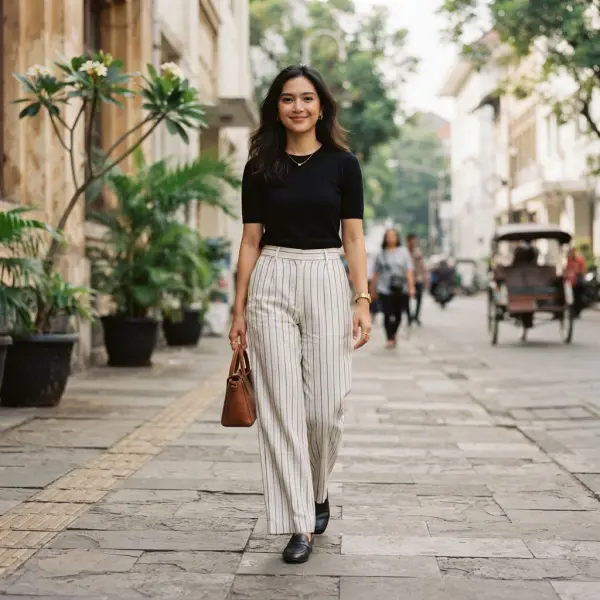Perempuan mengenakan striped pants yang sesuai dengan bahan garis dan proporsi tubuh Perempuan mengenakan striped pants yang sesuai dengan bahan garis dan proporsi tubuh