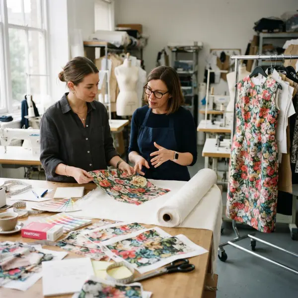 Fashion designer reviewing digitally printed fabric strike-offs during small-batch product development