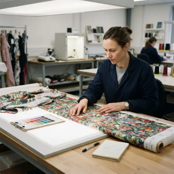 Quality control technician inspecting digitally printed fashion fabric