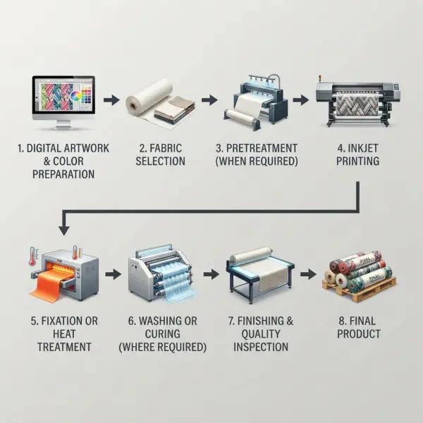 Digital textile printing workflow from artwork preparation to quality inspection