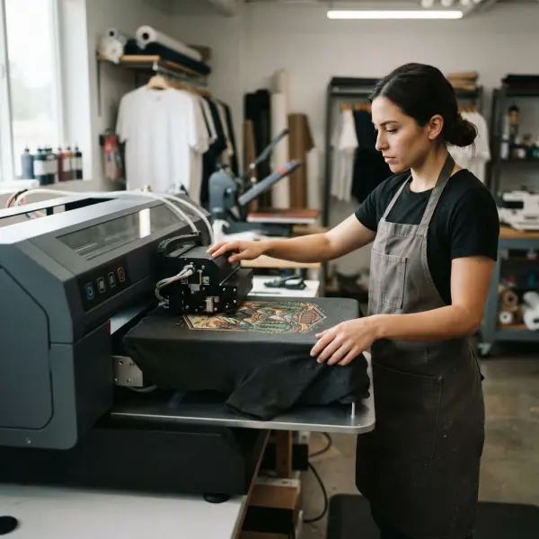 Direct-to-garment printer producing a graphic on a cotton T-shirt