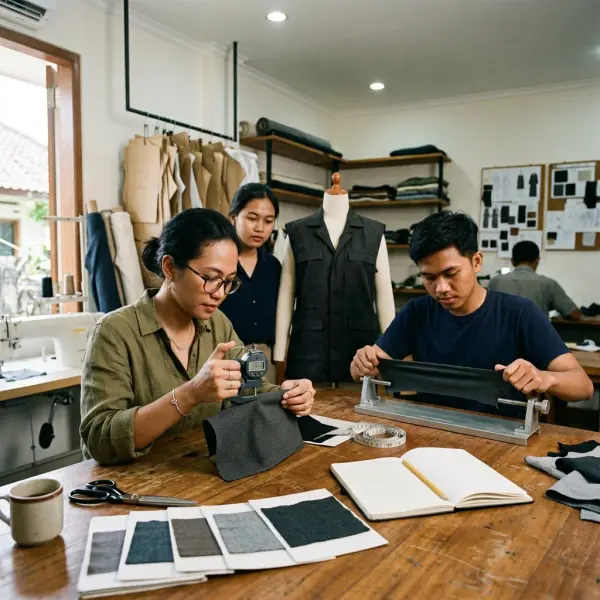 Tim pengembangan produk fashion menguji kain fungsional infrared fabric di studio tekstil