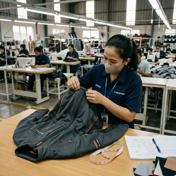 Pemeriksaan prototype pakaian fungsional berbahan infrared fabric di lingkungan produksi garment