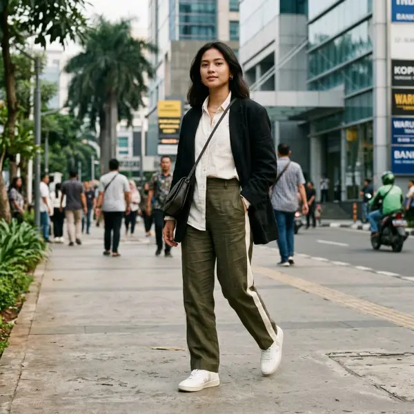 Side stripe pada celana dengan pengaruh sportswear kontemporer