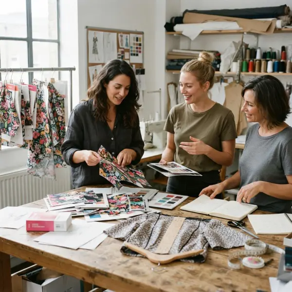 Small fashion production team reviewing digitally printed fabric for a limited apparel collection