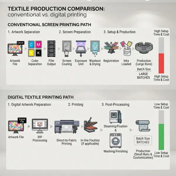 Comparison of digital printing and conventional screen setup for small-batch fashion production