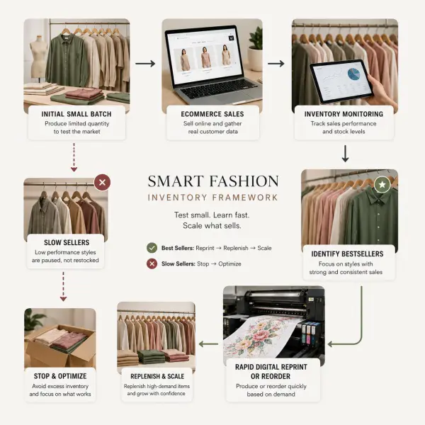 Small-batch fashion inventory and replenishment workflow using digital printing