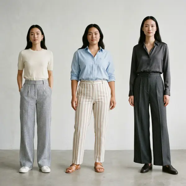 Panduan proporsi memilih striped pants berdasarkan siluet dan keseimbangan visual tubuh Panduan proporsi memilih striped pants berdasarkan siluet dan keseimbangan visual tubuh