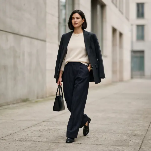 Striped pants dalam editorial fashion modern dengan pengaruh tailoring dan gaya kontemporer