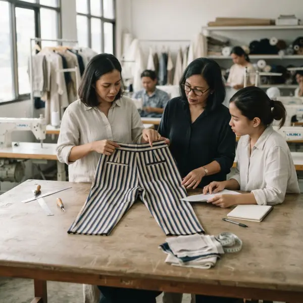 Tim fashion mengembangkan celana bergaris melalui proses pemeriksaan sampel garment