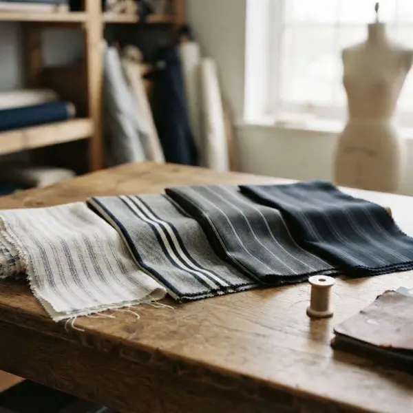 Perbandingan bahan striped pants dari linen cotton wool dan kain dengan drape lembut Perbandingan bahan striped pants dari linen cotton wool dan kain dengan drape lembut