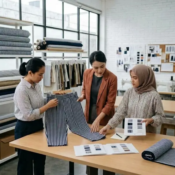 Tim garment memeriksa sample striped pants dari bahan garis dan konstruksi celana Tim garment memeriksa sample striped pants dari bahan garis dan konstruksi celana