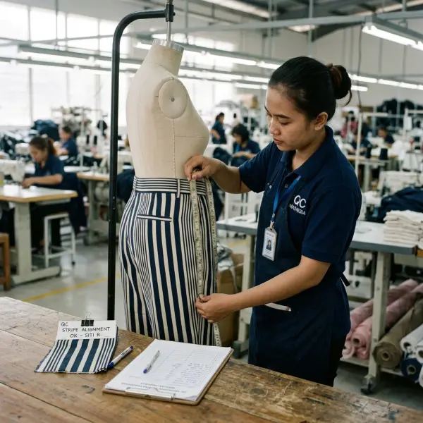 Pemeriksaan kualitas celana bergaris pada tahap sample dan produksi garment