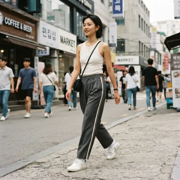 Celana bergaris dengan pengaruh sportswear dan gaya street fashion