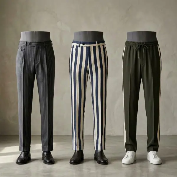 Berbagai jenis striped pants dengan garis tipis, garis lebar, dan side stripe