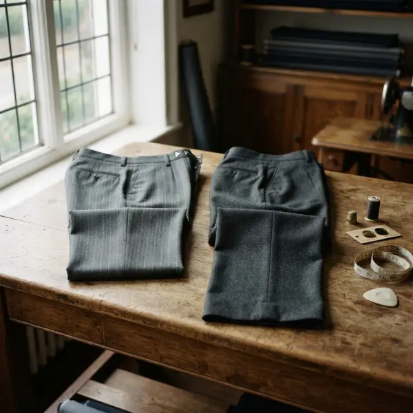 Celana bergaris dengan inspirasi tailoring klasik dan konstruksi modern