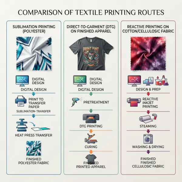 Sublimation, DTG, and reactive textile printing compared for fashion production