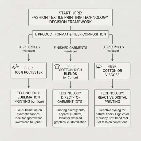 Fashion sourcing decision framework for choosing sublimation, DTG, or reactive printing